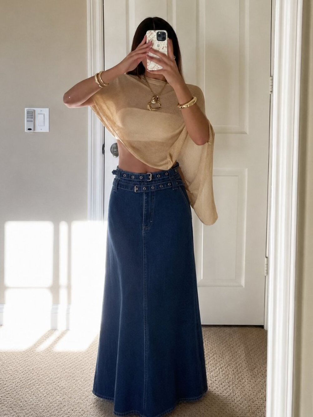 Y2K Denim Maxi Skirt Size Medium Full Belted Vintage Blue (m)